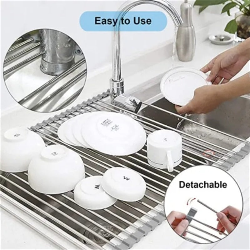 Roll-Up Dish Drying Rack - Heat-resistant, Stainless Steel, Holds 70 lbs