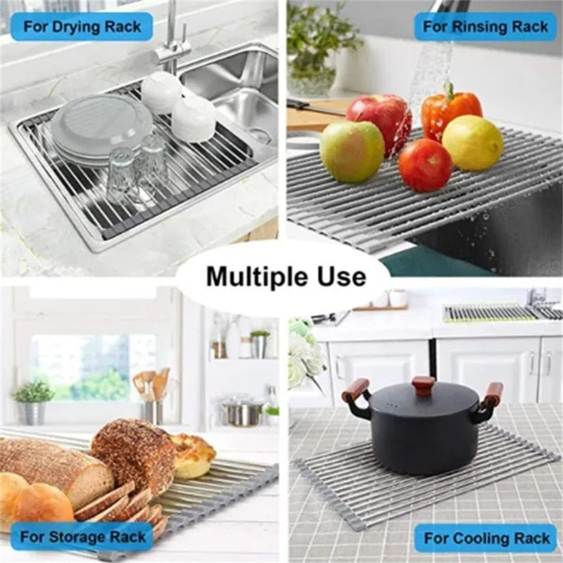 Roll-Up Dish Drying Rack - Heat-resistant, Stainless Steel, Holds 70 lbs