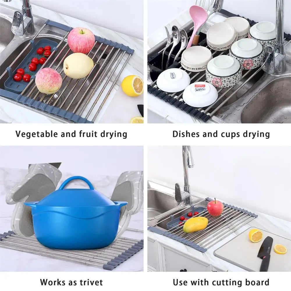 Roll-Up Dish Drying Rack - Heat-resistant, Stainless Steel, Holds 70 lbs