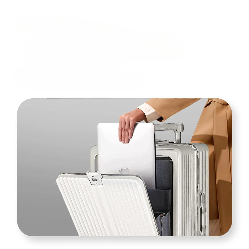 One Suitcase to Rule Them All - USB charger, phone holder, cup holder, bag holder, laptop sleeve, TSA lock
