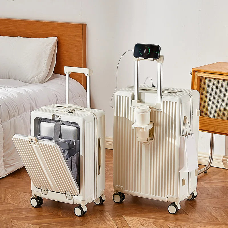 One Suitcase to Rule Them All - USB charger, phone holder, cup holder, bag holder, laptop sleeve, TSA lock
