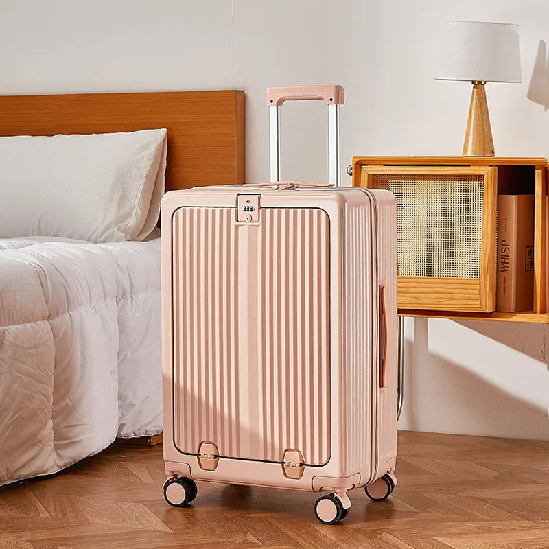 One Suitcase to Rule Them All - USB charger, phone holder, cup holder, bag holder, laptop sleeve, TSA lock